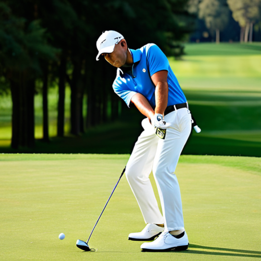 A professional male golfer in a classic, modest golf polo shirt and tailored trousers, executing a powerful, elegant swing with a driver on the tee box of a pristine golf course. The morning sun casts long shadows, illuminating the lush green fairway stretching into the distance. The golfer's expression is focused and confident, embodying precision and control. The scene is captured with professional lighting, ensuring correct proportions, perfect anatomy, and natural body proportions. It is fully clothed, appropriate attire, safe for work, and family-friendly content. High quality, ultra-detailed, professional photography.
