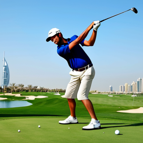 Home 10 **Prompt:** A professional golfer in modest attire, fully clothed, executing a perfect swing on a lush green golf course in Dubai, Burj Al Arab in the background, clear blue sky, safe for work, appropriate content, professional, perfect anatomy, correct proportions, natural pose, well-formed hands, proper finger count, natural body proportions.