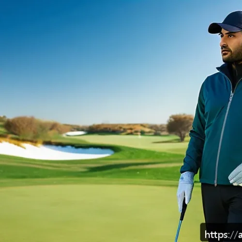 겨울철 골프 연습 팁 - A skilled Arab male golfer dressed in layered technical winter golf clothing&mdash;wind-resistant lightwei...