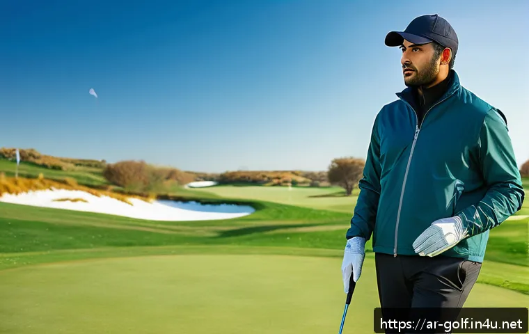겨울철 골프 연습 팁 - A skilled Arab male golfer dressed in layered technical winter golf clothing&mdash;wind-resistant lightwei...