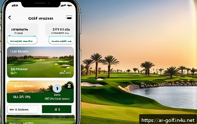 골프 필드 예약 방법 - A modern smartphone screen displaying a sleek Arabic-language golf booking app interface, showing av...