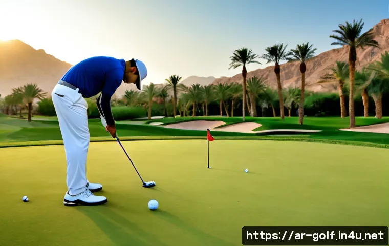 골프 스코어를 줄이는 연습법 - Photorealistic Arab golfer in modest long-sleeve polo and trousers practicing precise short putts on...