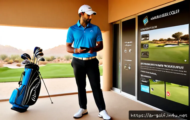 Home 15 골프 이벤트 및 대회 참여 방법 - Photorealistic Arab golfer using a smartphone to register for a local golf tournament, standing besi...